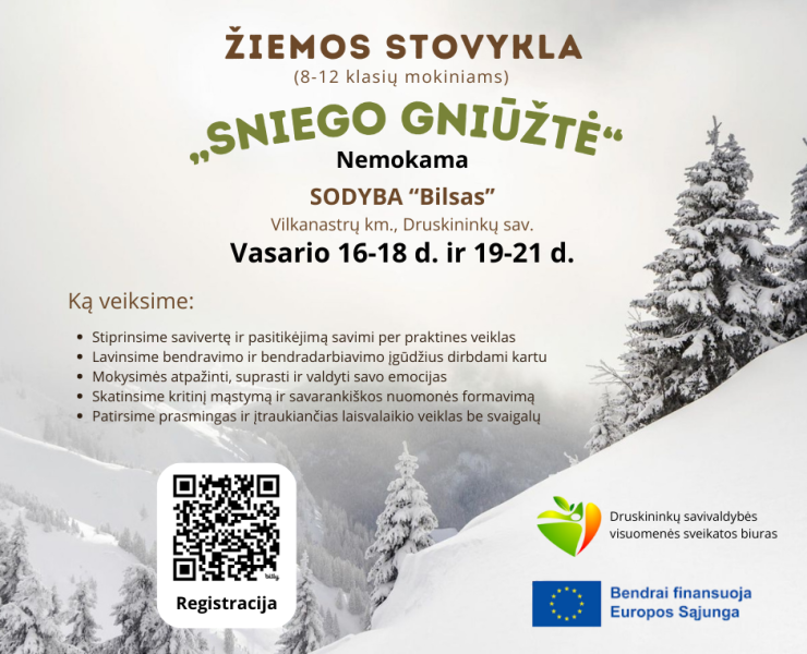 KVIEČIAME Į ŽIEMOS STOVYKLĄ „SNIEGO GNIŪŽTĖ“